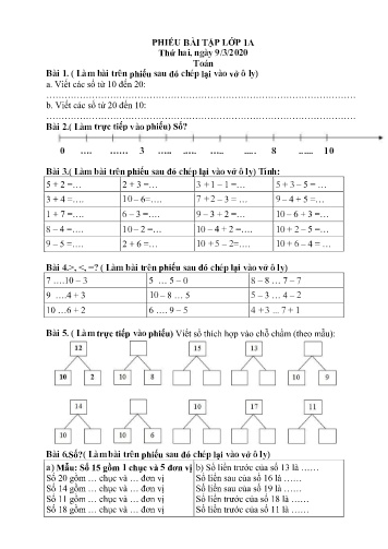 Phiếu bài tập Toán + Tiếng Việt 1 (Phiếu số 1)