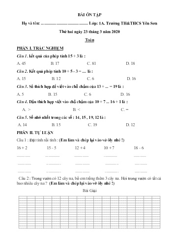 Phiếu bài tập Toán + Tiếng Việt 1 (Phiếu số 4)