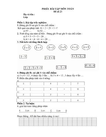 Phiếu bài tập Toán + Tiếng Việt 2 (Phiếu số 3)