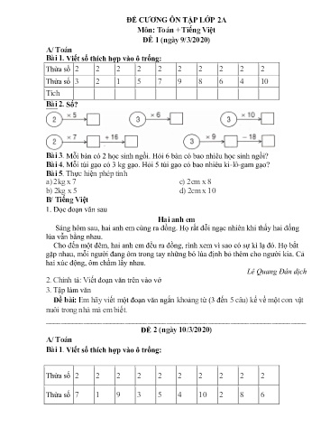 Phiếu bài tập Toán + Tiếng Việt 2 (Phiếu số 4)