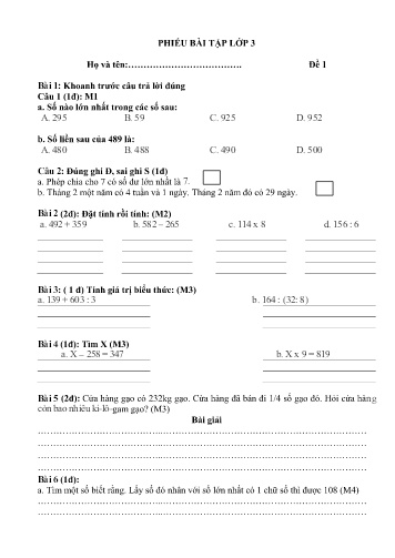 Phiếu bài tập Toán + Tiếng Việt 3 (Phiếu số 1)