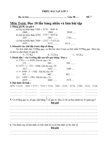 Phiếu bài tập Toán + Tiếng Việt 3 (Phiếu số 3)
