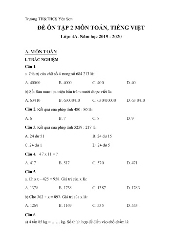 Phiếu bài tập Toán + Tiếng Việt 4 (Phiếu số 3)