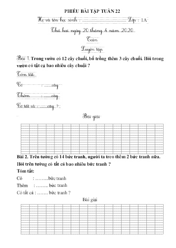 Phiếu bài tập Toán+Tiếng Việt 1 - Tuần 22 (Phiếu số 1)