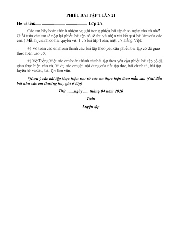 Phiếu bài tập Toán+Tiếng Việt 2 - Tuần 21 (Phiếu số 5)