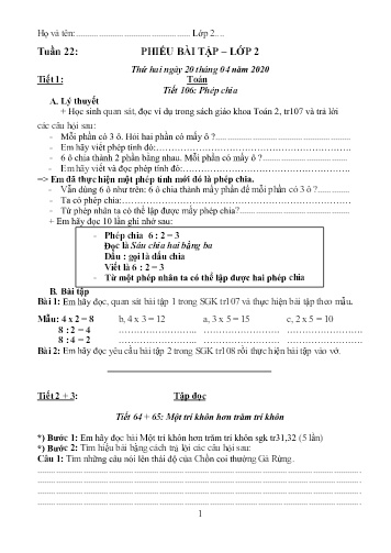Phiếu bài tập Toán+Tiếng Việt 2 - Tuần 22 (Phiếu số 1)