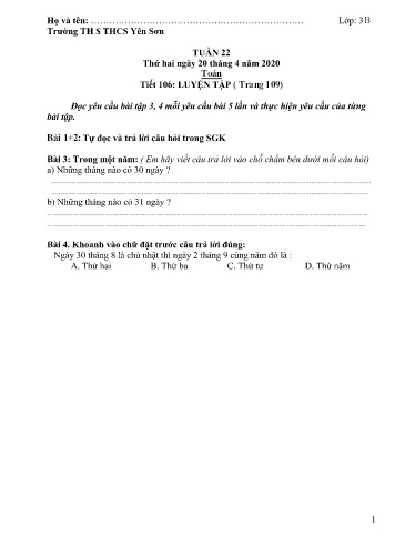 Phiếu bài tập Toán+Tiếng Việt 3 - Tuần 22 (Phiếu số 1)