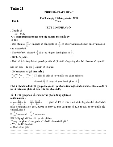 Phiếu bài tập Toán+Tiếng Việt 4 - Tuần 21 (Phiếu số 5)